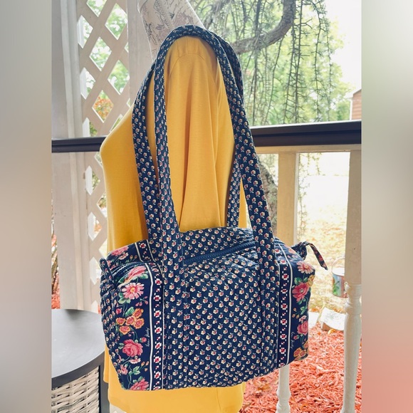 90s Vintage Vera Bradley Mini Duffel in Indiana Pattern Royal Blue Pocket Sides - Picture 4 of 17